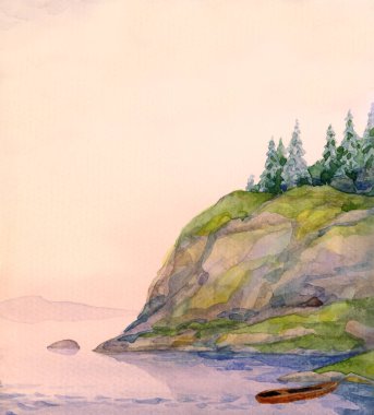 Açık kağıda elle çizilmiş suluboya resim. Yazı uzayı. Taiga çalılığı. Çalı bitkisi, kayalık arazi. Sakin bulutlu sonbahar hayatı eski Alp Slope Park sanat eserleri sahnesi. Gulf Creek göleti manzaralı.