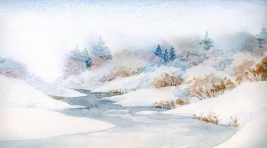 Açık renkli kâğıt arkaplan arkaplanı üzerine suluboya resim çizimi. Sakin mavi çalı çalısı kış günü sahnesi. Buzlu yeni yıl Deresi Deresi Körfezi manzarası