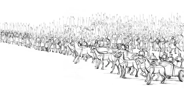 圣经时代强大的力量斯巴达凯尔特武装中国动物战车骑兵骑犹太男性后卫白色 黑线手绘圣经犹太人以色列步兵埃及骑上帝复古素描宗教埃及艺术 — 图库照片