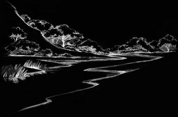 산에는 그려진 그려져 산비탈은 전나무로 오솔길을 나간다 아티스트 텍스트 — 스톡 사진
