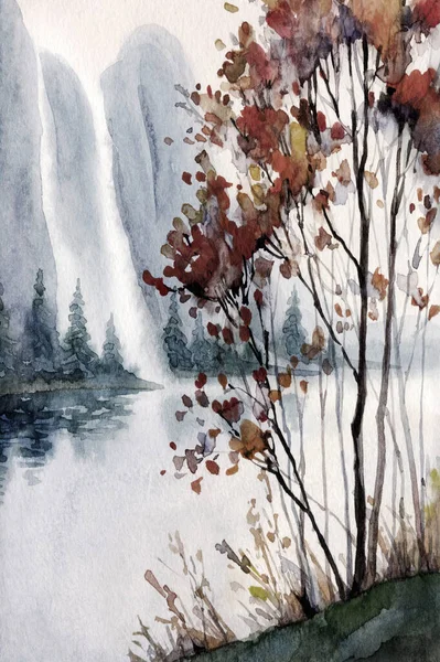 Suluboya boya bulutlu, bulanık, kayalık deniz kıyısı sahnesi, arka plan kâğıdı, metin alanı. Koyu kırmızı renkli sis bulutu vadi çağlayan deresi. Açık hava yabani çalı bitkisi kır manzaralı çizim çizimi