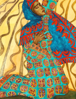 Yetişkin, yalnız, yas tutan, güzel, diz çökmüş, azize, yahudi, başörtüsü takmış bir kadın için ağlayan, sevgiye yardım dileyen, Tanrı 'ya güvenen, İsa' nın ışığına güvenen. Boya çizilmiş, övgü dolu, kol işareti simgesi, eskiz, retro sanatçı tarzı.