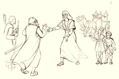 Genç kayıp aşk İbrani 12 canlı Yahudi kabilesi 12 erkek köle giysisi kucaklaşması ağlamalar, Tanrı 'ya şükür hayat sahnesi. El yapımı çocuk yaşıyor. Açlık, açlık, eskiz, İsa, İslamiyet, karikatür sanatı.