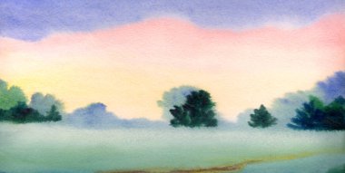 El çizimi açık renkli suluboya resim taslak su deresi deresi, gölet kıyısı yağmur sahnesi, kağıt metin arkaplanı. Pembe renk sakin sonbahar sisi duman çalılık ağaçlık bitki izi kırsal manzara