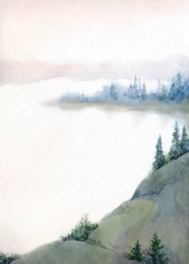 Açık kağıda elle çizilmiş suluboya resim. Yazı uzayı. Taze taiga tarlası çalılığı. Çalı bitkisi, kayalık arazi. Sessiz bulutlu sonbahar hayatı eski Alp Slope Park sanat eserleri sahnesi. Pond Creek Körfezi manzaralı