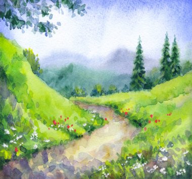 Kağıt zemin üzerine el çizimi parlak suluboya resim. Manzaralı mavi cennet manzaralı metin için yer var. Sessiz bir kır çim biçme günü. Sanat galerisi sonbahar sahnesi. Ormanlık yolda yeşil çam