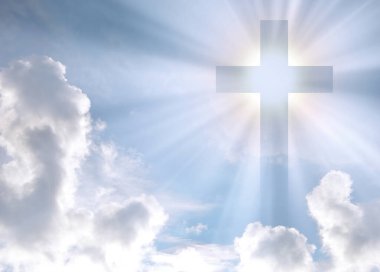 Aziz kurtarıcı ayağa kalk, yüksek özverili ruh, hayatı sev, alacakaranlık, mutlu neşe, neşe, dua günü sahne görüntüsü. Parlak yükseliş duası parlak beyaz ışığı affet eski yumuşak pofuduk bulanık simge işareti kutsal mavi hava metin uzayı