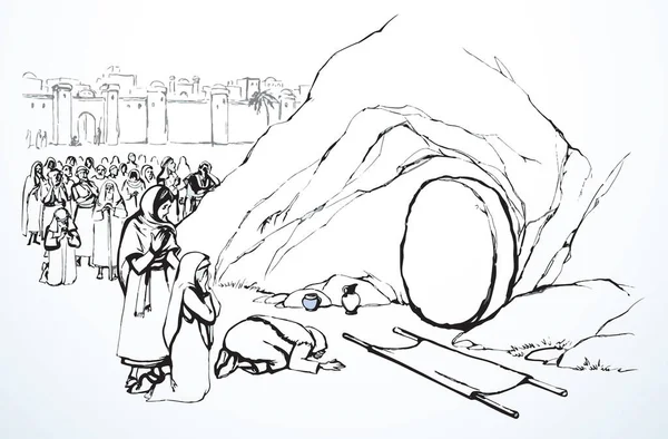 Kutsal beyaz lord kurtarıcı kutsal aziz yahudi üzgün kız Garden Hill sahnesine geldi. El çizimi çizimi eskiz çizgisi eski antika sanat feryat insan hayatı erkek grup tabutu eski moda hikaye