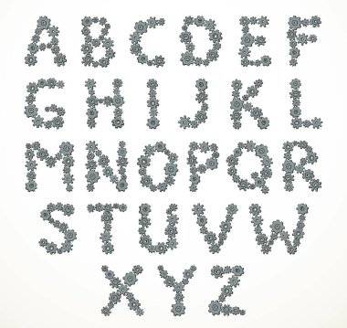 Eski komik demir gri çocuk oyuncak element işaretli set çizgisi siyah el amblemi çocuk eskiz tasarımı komik karikatür çizimi tarzı. Yakın çekim görünümü ilerleyen metal parçasının beyaz yazı tipine katılın