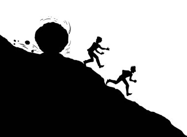 Güçlü, güçlü, riskli, Bill Borç Borç Borcundan kaçan işçi başarısız, panik atak, eğlence, beyaz gökyüzü. Çizgi siyah erkek, kar topu logosu işareti eski sanat el çizimi çizim vektörü