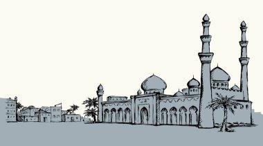 Eski moda Mısır Kahire oryantasyon çölü kilise duvarı palmiye ağacı vahası sahnesi metin beyaz gökyüzü manzaralı. Taslak el çizimi Asyalı İranlı Umman sembolü eskiz retro grafik çizgi çizgi çizimi sanat vektör biçimi