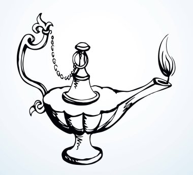 Yakın plan, beyaz masa boşluğunda eski, kilden yapılmış gazyağı kampı şişesi. Siyah mürekkep çizilmiş el, altın kutsal peri efsanesi sihirli alladin rüya, lütfen logo işareti, kutsal çizgi film stili.