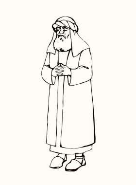 Kutsal Yahudi Tanrı çağı erkek insan ticareti hukuku bez şapka ikonu işareti. El çizimi siyah çizgi Irak kilise mahkemesi şeytani yüksek lider yargıç İsa Mesih 'in eskiz sanatı ile yüzleşiyor