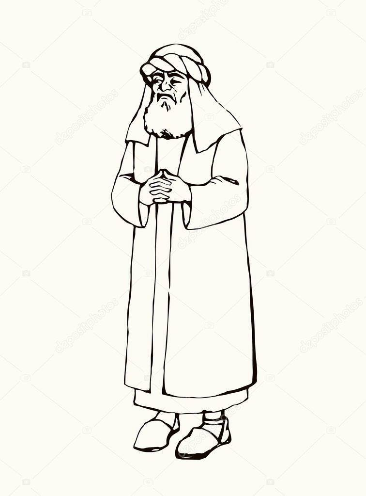 Holy saint jew god age male human trade law lord cloth head hat icon sign. Hand drawn black line Iraq church court evil sly high chief leader minister face judge Jesus Christ retro cartoon sketch art