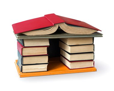 Üst görünümü kapat. Eski üniversite ders ders yığını. Retro veri sınıfı sanat stili inşa edilmiş. Hardcover din edebiyat kitabı yazar tapınak kulesi şehir simgesi tasarım kağıdı