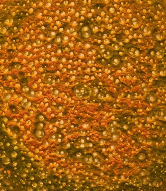 Asteroit mikro tehlikesi olan soğuk algınlığı virüsü dairesel gözenekli element kavramını kapatın. Fütürist sanat tasarımı tarzı koyu parlak turuncu, turuncu, renksiz, kağıtsız metin metin kopyalama alanı görünümü