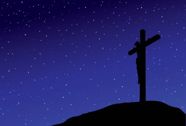 Soyut kutsal ilahi duacı kişi Tanrı mesih tutku acı ruh hayat. Kutsal el çizimi sanatı koyu siyah ahşap kilise mezar ikonu hatta alacakaranlık mavi yıldızlı cennet metin uzayı.