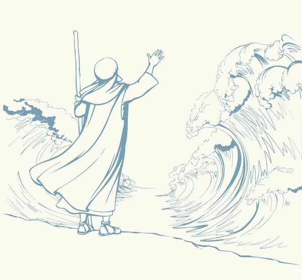 イスラエルの男性指導者が奴隷解放を支持すると信じている ヴィンテージイスラエルのアートグラフィックライン手描き漫画スケッチ空 大きな海の嵐別々の桃の種の法律の驚異のシーン — ストックベクタ