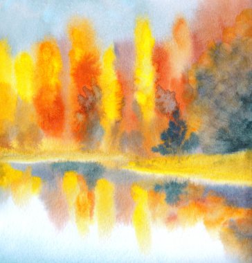 Canlı bir el çizimi akvaryum taze kavak çamı sisi sahne kağıdı metin alanı arkaplanı. Parlak kırmızı turuncu el işi çimenleri çalıları çalıları serin hava günü manzaralı dere kıyısı kırsal manzarası