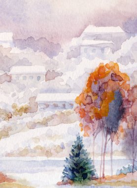 El çizimi sanat eseri serin yeni yıl sis bulutlu gün sahnesi. Açık beyaz kart arka plan eski tarz. Parlak renk eski çalı ormanı buz gibi soğuk sakin gölet göleti kıyısı manzarası