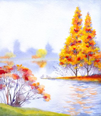 El çizimi suluboya taze çimen sahnesi kağıt metin arkaplanı. Parlak kırmızı turuncu renkli boya çalılık sakin, serin hava günü. Manzaralı dere dalgalı ördek sürüsü kumsalı kırsal alacakaranlık manzarası