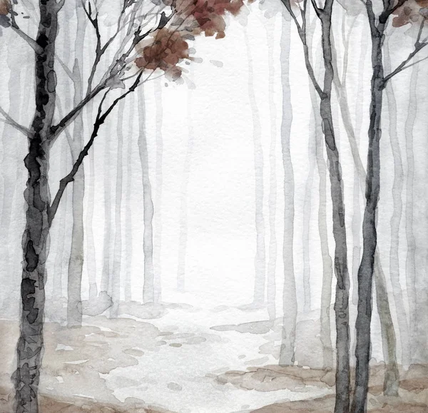手描きのアーティスト水彩ライトヘイズペーパーカードテキストスペースの背景 黒い色の塗料霜赤ブラシスタイル涼しい霧の田舎の茂みの低木の景色 穏やかな古いTwigフェードヤードのアートワークスケッチシーン — ストック写真