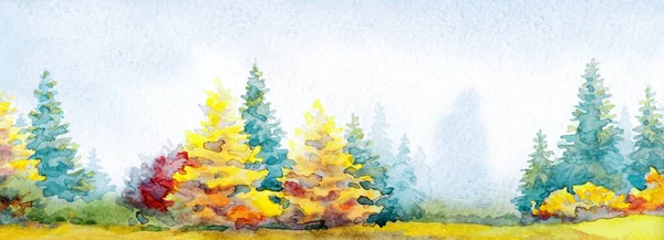 手描きのアートワーク水彩絵の具スケッチホワイトペーパーパターンテキスト空間背景 ウェット霧の日風光明媚な曇り霧の景色 鮮やかな赤オレンジ色の野生の乾燥タイガ草の植物土地アクリルロシアのシーン — ストック写真