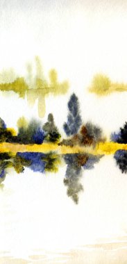 El çizimi suluboya resim çizimi kağıt metin alanı. Kırsal sakin çalı çalısı, çalı tarlası, dere yatağı, sel, yağmur manzarası. Serin bahar sisli sonbahar kumsal eski sanat eserleri sahnesi