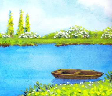 Parlak mavi renkli boyalı el, soyut suluboya eski yelken sanatçısı eskizini kağıt arkaplanda günbatımı sahnesine çizmiş. Sanat eserleri çim çiçekleri manzaralı sakin dere kıyısı manzaralı