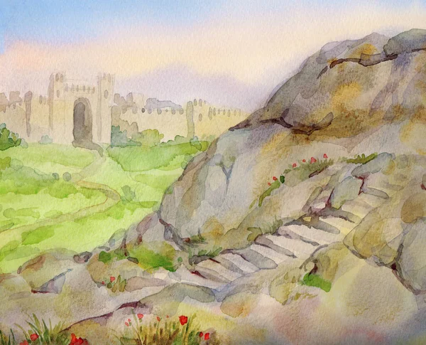 Ortadoğu 'yu geçince vadi taştan yol yahudisi Jericho taşrası mavi gökyüzü sahnesi retro sanat grafik resim tarzında. İncil 'in kutsal yeri Jaffa İsrail Kralı David Yahudi kentsel manzarası inşa etti.