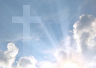 Aziz kurtarıcı ayağa kalk, yüksek özverili ruh, hayatı sev, alacakaranlık, mutlu neşe, neşe, dua günü sahne görüntüsü. Parlak yükseliş duası parlak beyaz ışığı affet eski yumuşak pofuduk bulanık simge işareti kutsal mavi hava metin uzayı