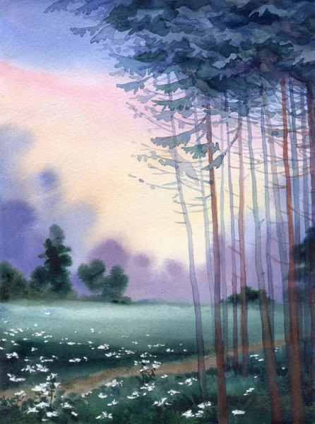 Ручной Рисунок Акварели Спокойный Туман Солнца Туман Осенью Старый Зеленый — стоковое фото