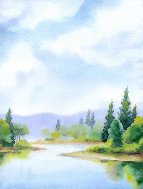Hand drawn bright paint artwork quiet heaven scene sketch white paper backdrop text space. Light blue color calm rural hill swamp creek bay green grass field wood thicket plant fall haze fog mist view
