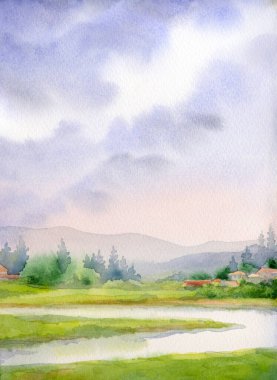 El çizimi sanat eseri, güneşli cennet sahnesi metin arkaplanı çizimi. Hafif sakin eski Avrupa seyahat tepe tepe bataklık dere koyu yeşil çimen çalı köknar bitki sis sis soyut manzara