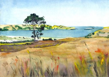 Hand drawn bright paint artwork blue heaven scene sketch white paper backdrop cloud text space. Light yellow color calm rural farming land creek bay path grain bush plant lawn rock pond wind fall view