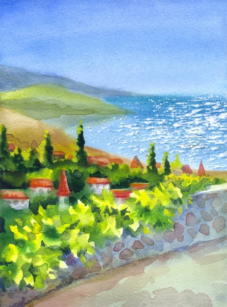 Hand drawn bright paint sketch old retro israel coast land scene paper backdrop bibl greek artist style. Scenic blue color grape vine plant farm field spring day artwork trail path way view text space
