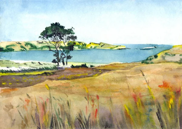 El çizimi parlak boya mavisi cennet sahnesi beyaz kağıt perde arkası metin alanı çiz. Açık sarı renk sakin tarla tarlası deresi koy yolu tahıl ağacı çimen, kaya göleti rüzgar manzarası