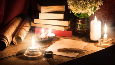 Rustic age art script scroll wed love decor table desk worn blank text space pad page post card. Closeup god Jesus Christ culture night even still life flame fire light notice symbol concept banner