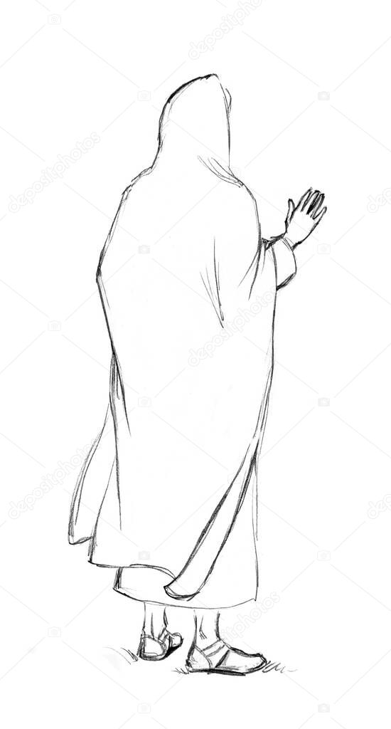 High chief rabbi head teacher guy Peter stand preach holy god white human lord faith story art. Middle east asian robe cloth female bedouin girl Mary hand drawn rear behind view take arm look lead cry