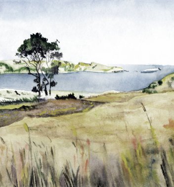 El çizimi parlak boya mavisi cennet sahnesi beyaz kağıt perde arkası metin alanı çiz. Açık sarı renk sakin tarla tarlası deresi koy yolu tahıl ağacı çimen, kaya göleti rüzgar manzarası