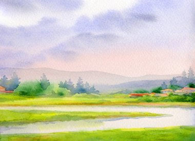 El çizimi sanat eseri, güneşli cennet sahnesi metin arkaplanı çizimi. Hafif sakin eski Avrupa seyahat tepe tepe bataklık dere koyu yeşil çimen çalı köknar bitki sis sis soyut manzara