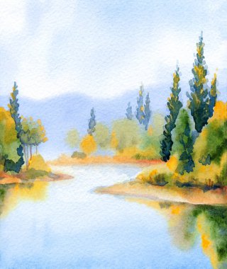 El çizimi parlak resimler, sessiz cennet sahnesi beyaz kağıt arkaplan metni çizimi. Açık mavi renk sakin kırsal tepe bataklık deresi koyu yeşil çimen tarlası çalılık bitki sis bulutu