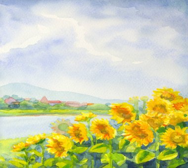 El çizimi parlak sanat eserleri sıcak köy şehrini boyarken cennet sahnesi beyaz kağıt metin alanı çiz. Açık mavi renk sakin paskalya çalı yiyecek bitki tepesi çayır göleti deniz manzarası