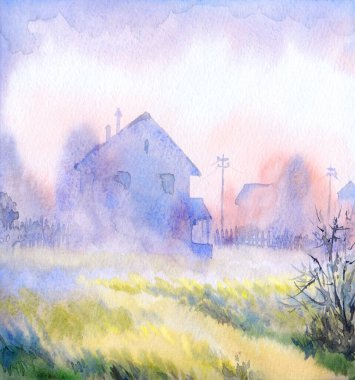 El çizimi suluboya ahır kulübesi açık kağıt metin arkaplanı. Sakin, nemli, sisli, kır ağacı manzaralı, dumanlı, parlak, mavi renkli, geçmişe dönük sanat eserleri.