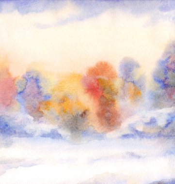 Parlak el, karton resimli arkaplanda cennetteki metin alanının üzerine suluboya manzaralı çizimler yaptı. Sessiz kış zamanı mavi renkli gün batımı sanatçısı sahnesi. Beyaz sakin buzlu Xmas Huş Tepesi Vadisi