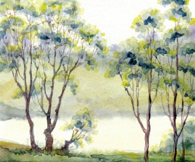 Parlak el çizimi suluboya ressamı temiz hava batımı sahnesi çiziyor. Kağıt arkaplan metin alanı. Açık yeşil renkli boya sanat eseri çalılık vadi çimenliği sakin bir günde dere kıyısı manzarası