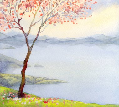 El yapımı soyut ressam suluboya çizimi kağıttan arka planda bulutlu deniz kıyısı sahnesi. El çizimi açık pembe renkte çiçek çalı sakin vadi kırsal manzaralı sanat kartı