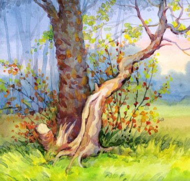 Suluboya el yapımı kağıt fon. Parlak akrilik yeşil çayır. Yaz mevsiminin canlı günbatımının puslu güneşli sisinde eski kavak ağacı çalısı. Sessiz kırsal tarım arazisi sanat eseri yağmur bulutlu sahne