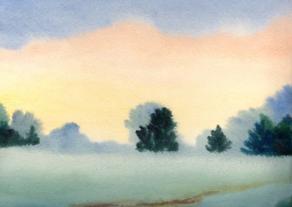 手描きのライト水彩画のアートワークのスケッチ水クリークストリーム池の海岸の雨のシーン紙のテキストスペースの背景 ピンク色穏やかな秋の煙の低木太い木の植物歩道風光明媚な田園風景 — ストック写真