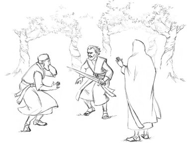Aziz erkek, insan, yahudi, kral, mesih, imanlı, bahçe, çatışma sahnesini durdurun. El yapımı İsrail hizmetçisi ordusu eski Katolik Yahudiliği öldürdü. Sanat eskizi, hırsız, soyguncu, haydut, suistimal.